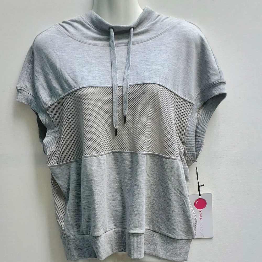 Yogalicious Gray Hooded Pullover Mesh Sleeveless Top
